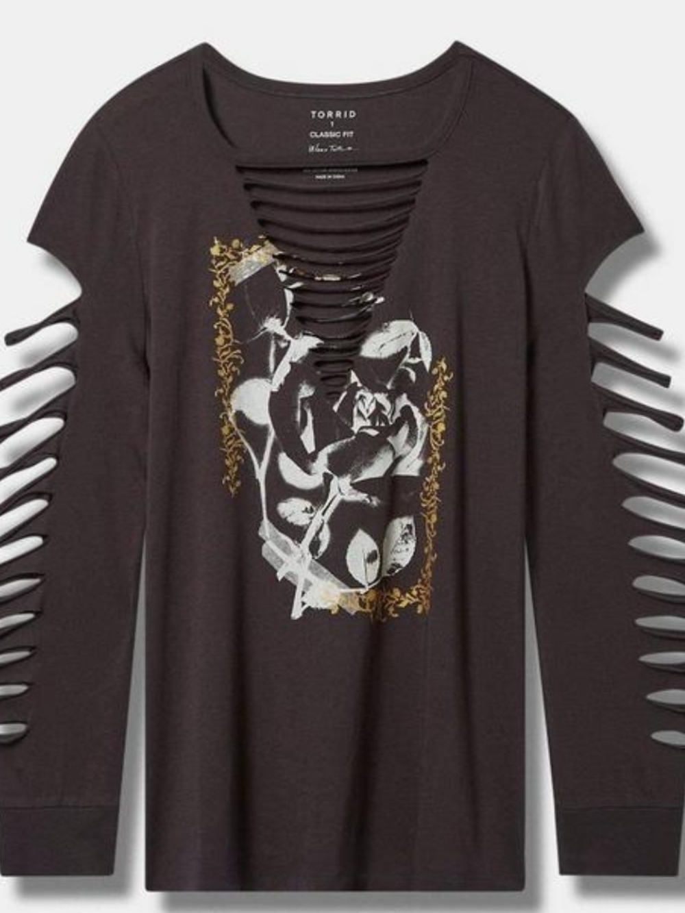 torrid Black Long Sleeve Slashed Graphic Tee with Gold Accents
